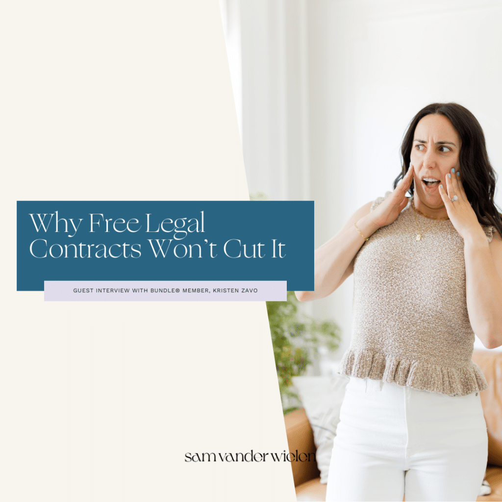 Woman standing with shocked look on her face with text overlay "Why Free Legal Contracts Won’t Cut It"