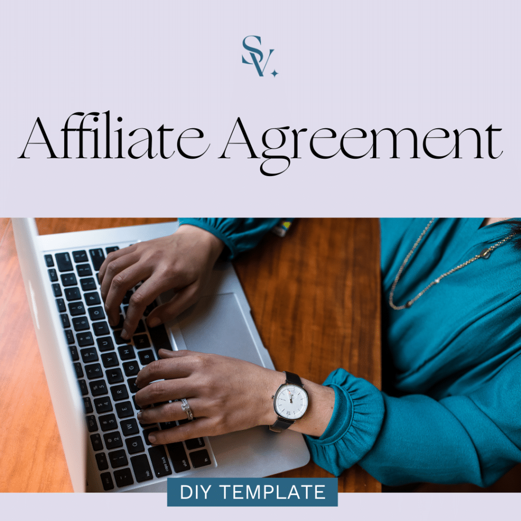 woman typing on laptop with text overlay "Affiliate Agreement"