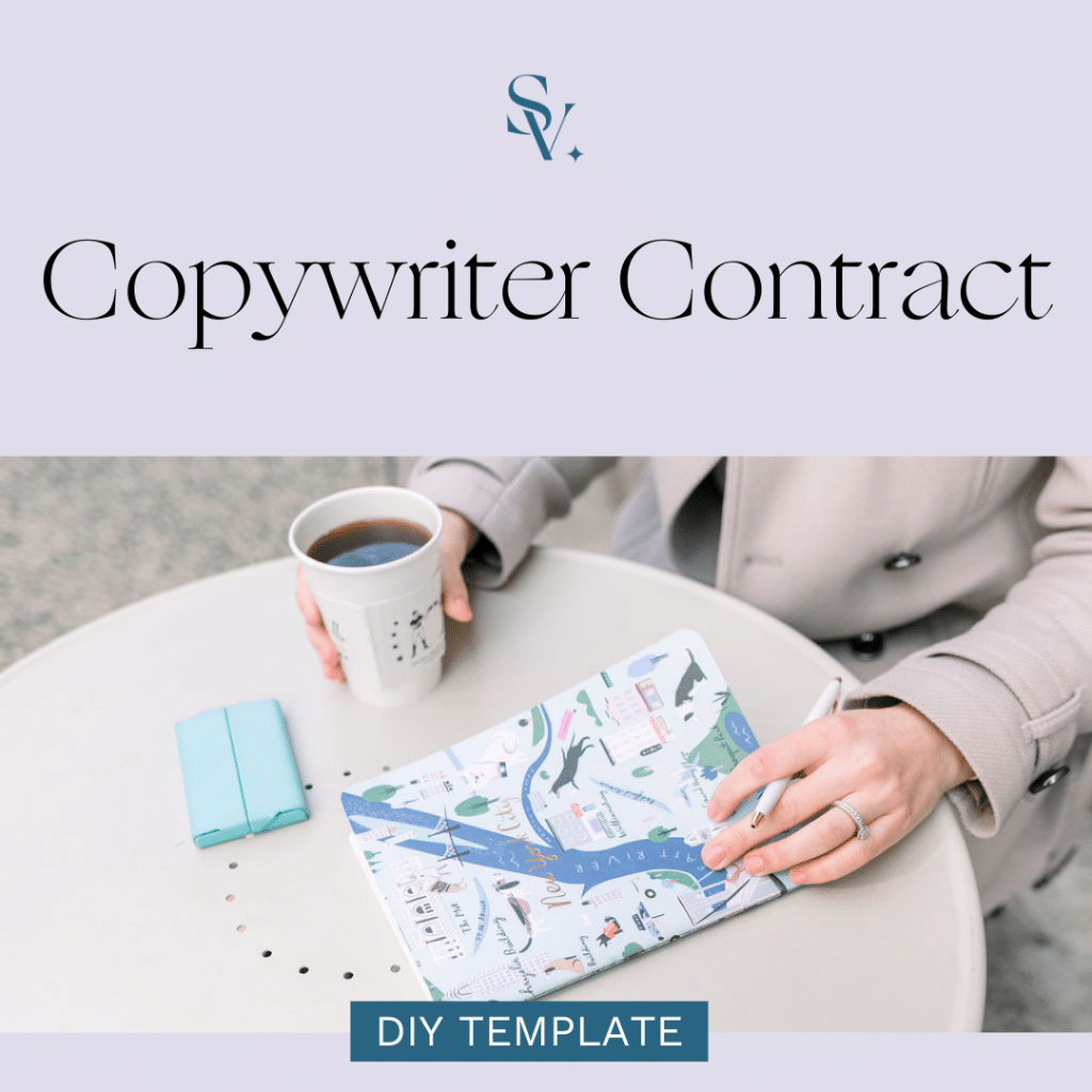 woman holding a notebook and coffee mug with text overlay "Copywriter Contract"