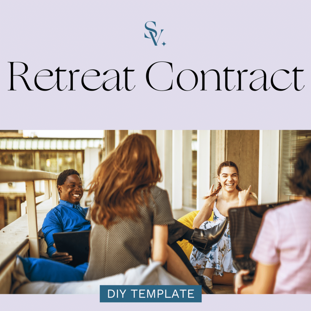 group of 4 adults sitting in a circle laughing with text overlay"Retreat Contract"