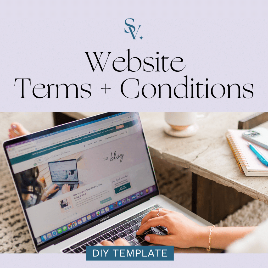 woman typing on laptop with text overlay "Website Terms and Conditions"