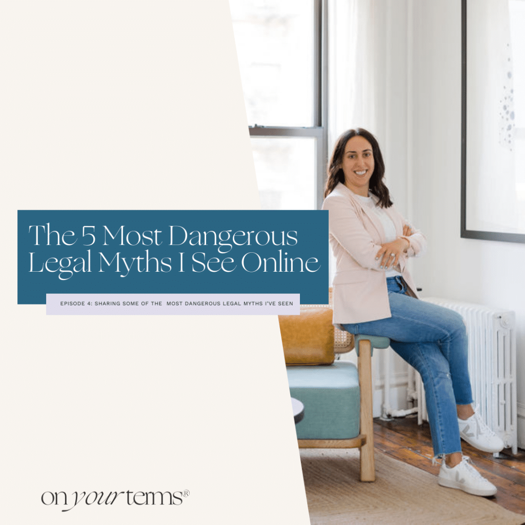woman leaning against a chair with arms crossed with text overlay "The 5 Most Dangerous Legal Myths I See Online"