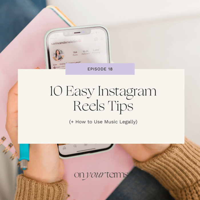woman typing on iphone with text overlay "10 Easy Instagram Reels Tips (+ How to Use Music Legally)"