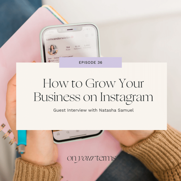 woman typing on iphone with text overlay "How to Grow Your Business on Instagram Guest Interview with Natasha Samuel"