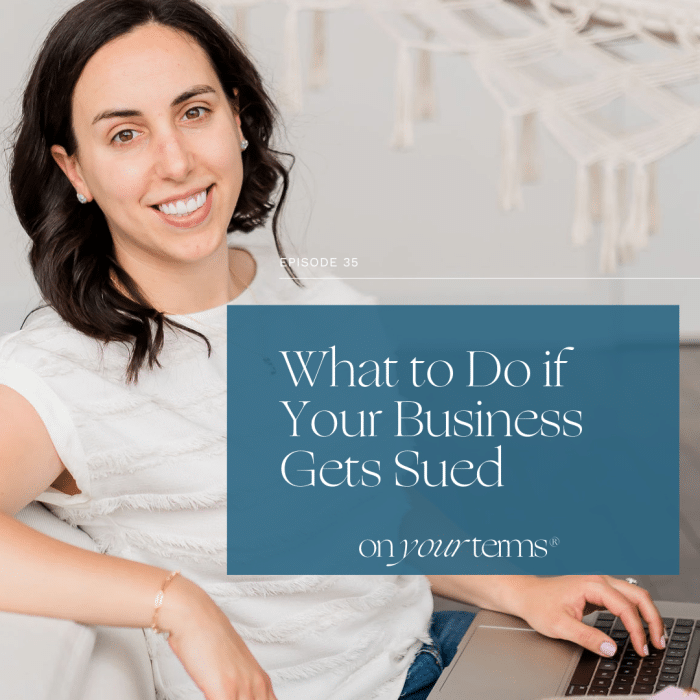 woman typing on laptop with text overlay "What to Do if Your Business Gets Sued"