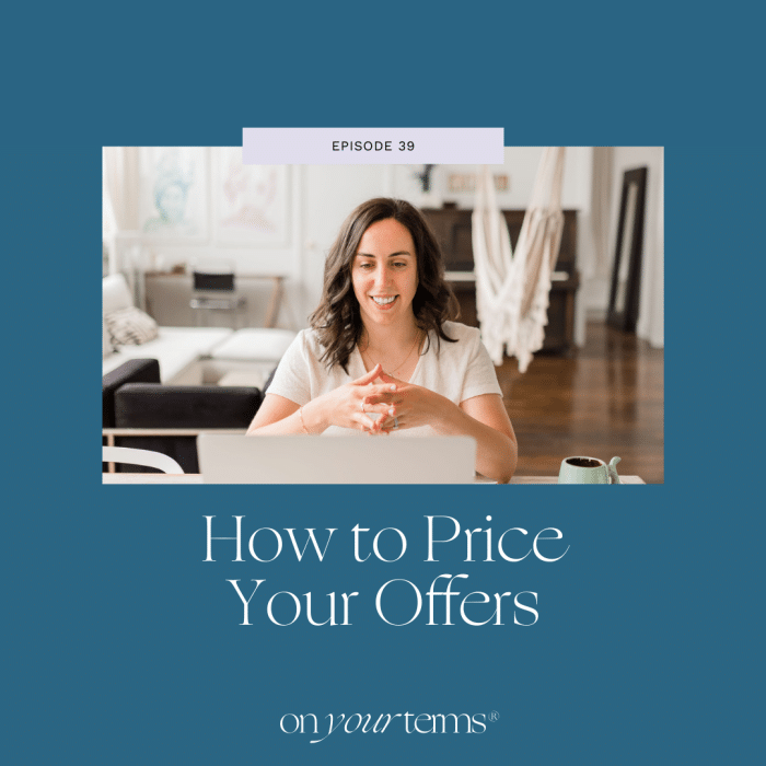 woman sitting in front of laptop with text overlay "How to Price Your Offers"