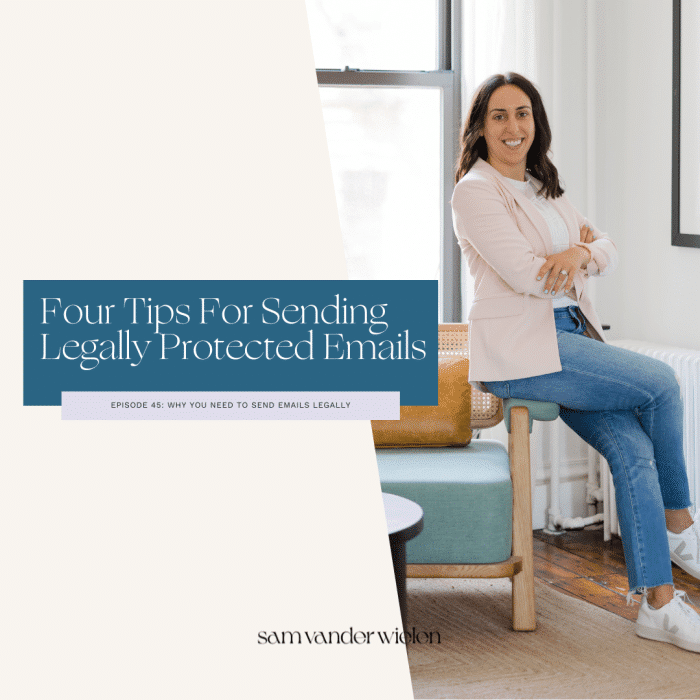 Woman sitting on chair with text overlay "Four Tips For Sending Legally Protected Emails"