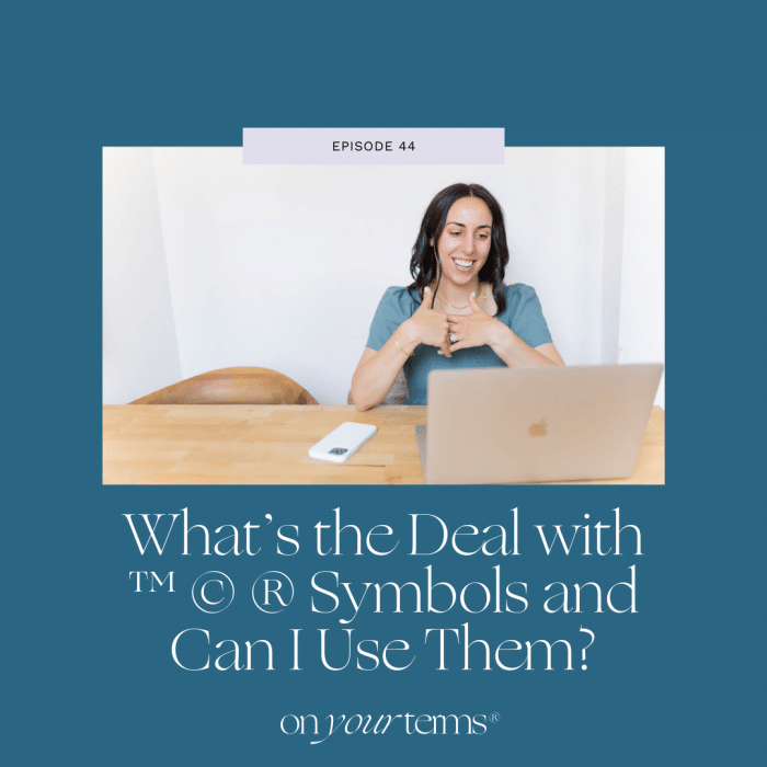 woman sitting in front of laptop with text overlay "What’s the Deal with ™️ © ® Symbols and Can I Use Them?"