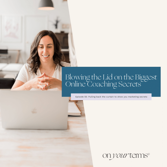 woman sitting in front of laptop with text overlay "Blowing the Lid on some of the Biggest Online Coaching Secrets"