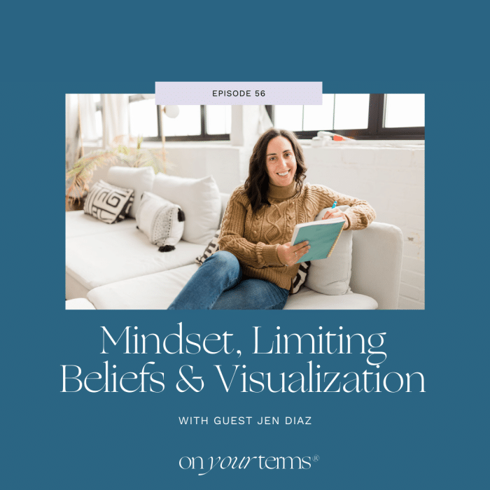 woman writing in notebook with text overlay "Mindset, Limiting Beliefs & Visualization [with Guest Jen Diaz]"