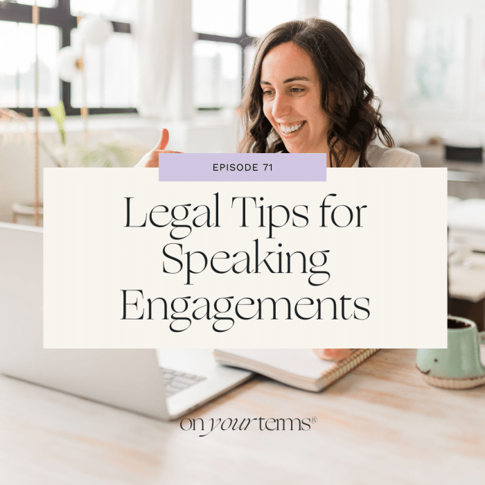 woman sitting at desk with text overlay "Legal Tips for Speaking Engagements"