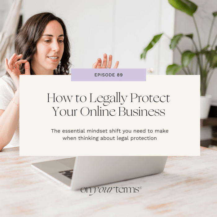 Woman sitting in front of laptop with text overlay "How to Legally Protect Your Online Business"
