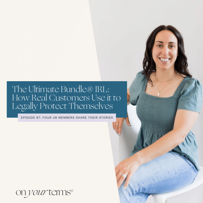 Woman sitting and smiling with text overlay "The Ultimate Bundle® IRL: How Real Customers Use it to Legally Protect Themselves"