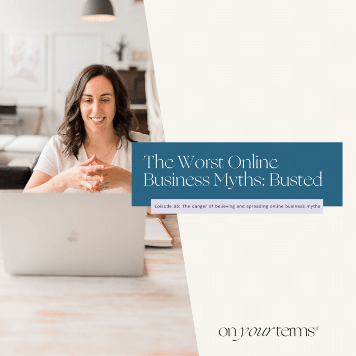 Woman sitting in front of laptop with text overlay "The Worst Online Business Myths Busted"