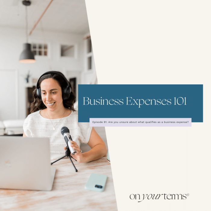 Woman podcasting with text overlay "Business Expenses 101"