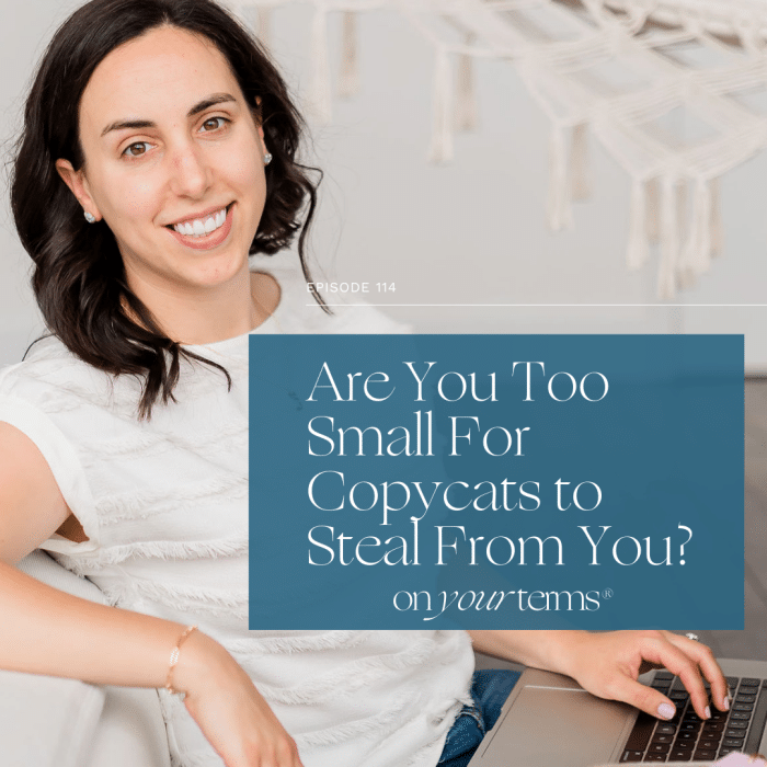 woman typing on laptop with text overlay "Are You Too Small For Copycats to Steal From You?"