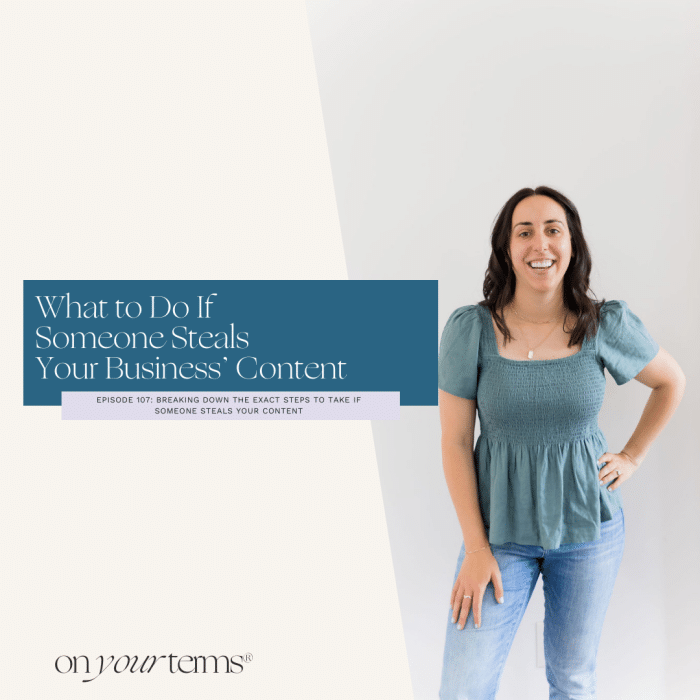 woman standing in front of wall with text overlay "What to Do If Someone Steals Your Business’ Content"