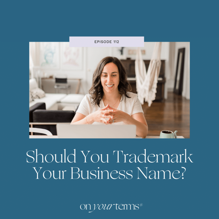 Woman sitting in front of laptop with text overlay "Should You Trademark Your Business Name?"
