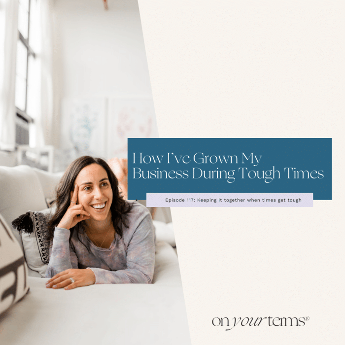 woman lying on a couch, smiling with text overlay "How I’ve Grown My Business During Tough Times"
