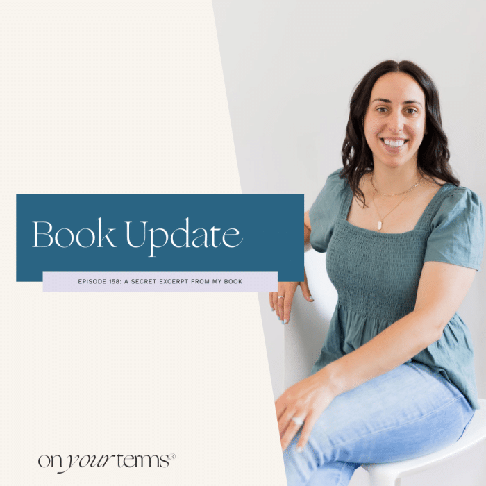 woman sitting indoors and smiling with text overlay "Book Update (+ a secret excerpt from my book!)"