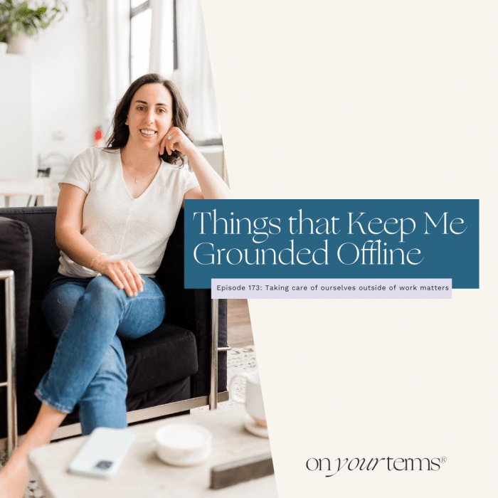 woman sitting in an arm chair and smiling with text overlay "Things that Keep Me Grounded Offline"