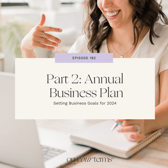 woman writing in notebook with text overlay "Part 2 Annual Business Plan setting business goals for 2024"