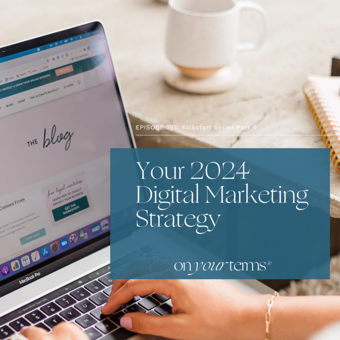 woman typing on laptop with text overlay "Your 2024 Digital Marketing Strategy"