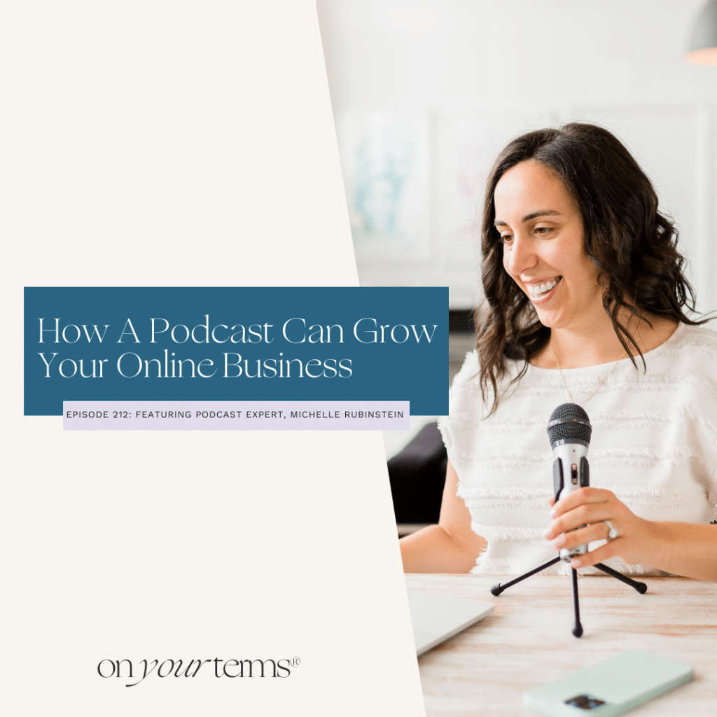 woman smiling while holding a microphone with headline how a podcast can grow your online business