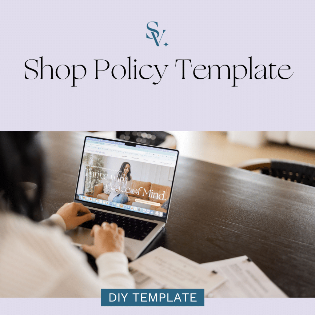 Shop Policy Template showing a woman working on her computer