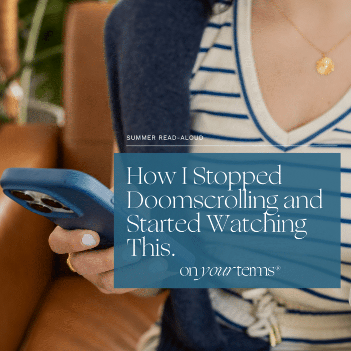 Sam Vander Wielen scrolling on her iphone. Text overlay reading "How I Stopped Doomscrolling and Started Watching This. [Summer Read-Aloud]"